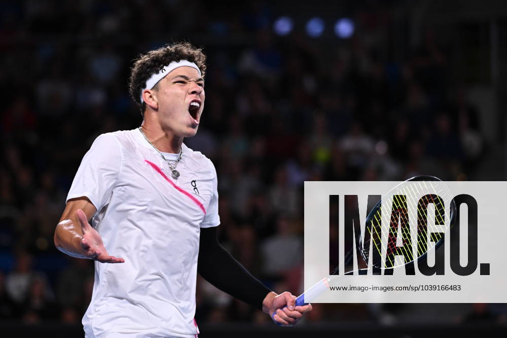 TENNIS AUSTRALIAN OPEN, Ben Shelton of the USA celebrates match point during his 3rd round win over Adrian Mannarino of France on Day 6 of the 2024 Australian Open at Melbourne Park in Melbourne, Friday, January 19, 2024. ( NO ARCHIVING, , NO USE IN BOOKS WITHOUT CONSENT MELBOURNE VICTORIA AUSTRALIA