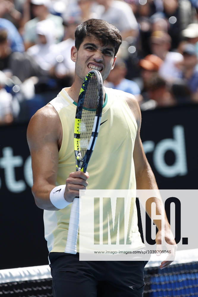 Carlos Alcaraz of Spain in action during a round third singles match against Juncheng Shang of China during their round singles match against on day 7 of the 2024 Australian Open in Melbourne, Australia. Alcaraz won the matchup after Shang retired due to injury. Melbourne Australia - ZUMAl131 20240120_zsp_l131_005