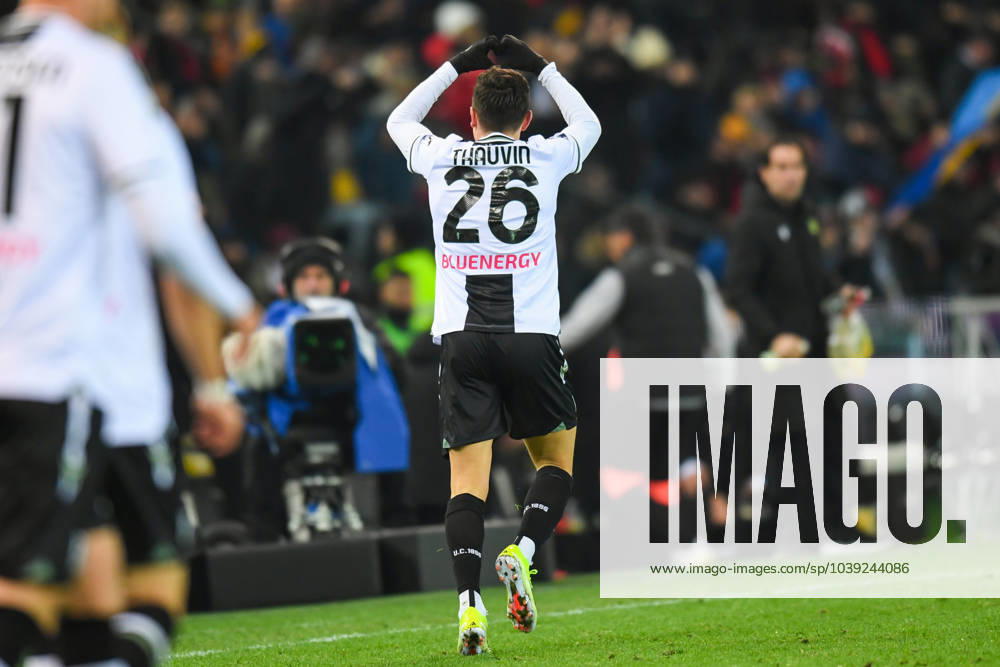 Udinese s Florian Thauvin celebrates after scoring a goal 2-1 during Udinese Calcio vs AC Milan, Italian soccer Serie A match in Udine, Italy, January 20 2024