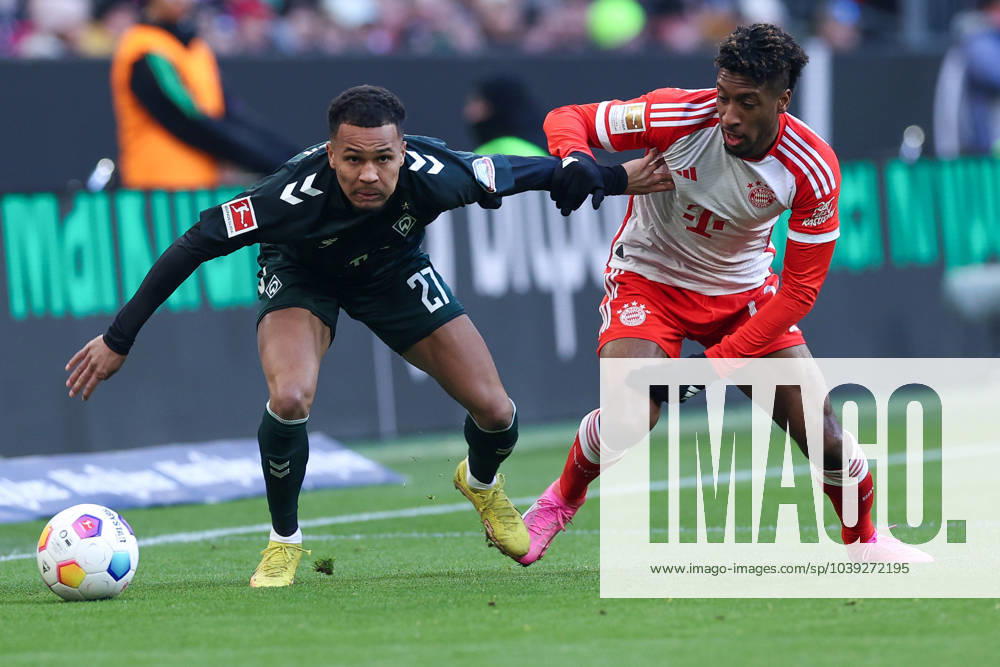 Soccer 1 Bundesliga 18 Matchday FC Bayern Munich SV Werder Bremen on 21 01 2023 at the Allianz Arena in Munich Felix Agu Bremen , left Kingsley Coman Munich , right DFL regulations prohibit any use of photographs as image sequences and or quasi video