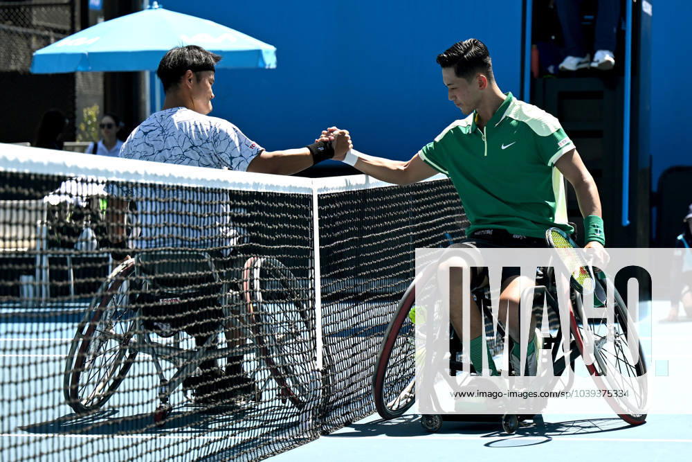 TENNIS AUSTRALIAN OPEN, Tokito Oda of Japan (right) shakes hands with Takuya Miki of Japan after winning the first round wheelchair singles match on Day 10 of the 2024 Australian Open at Melbourne Park in Melbourne, Tuesday, January 23, 2024. ( NO ARCHIVING, , NO USE IN BOOKS WITHOUT CONSENT MELBOURNE VICTORIA AUSTRALIA