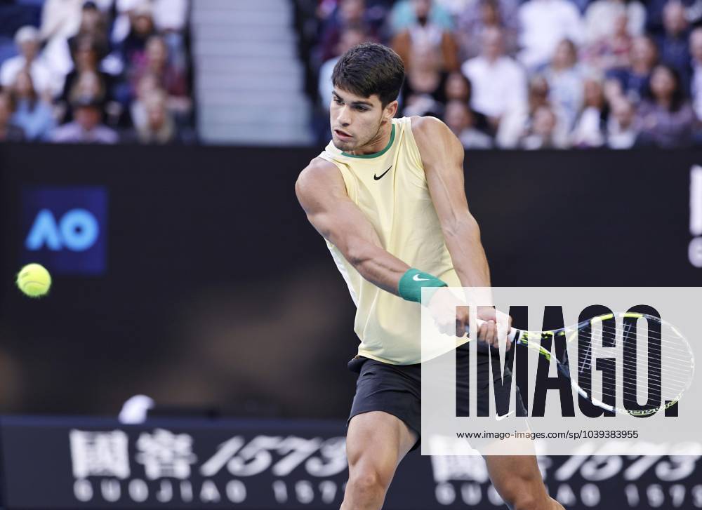 Tennis: Australian Open Carlos Alcaraz of Spain plays against Miomir Kecmanovic of Serbia in a men s single fourth-round match at the Australian Open tennis tournament in Melbourne on Jan. 22, 2024. A14AA0002365734P