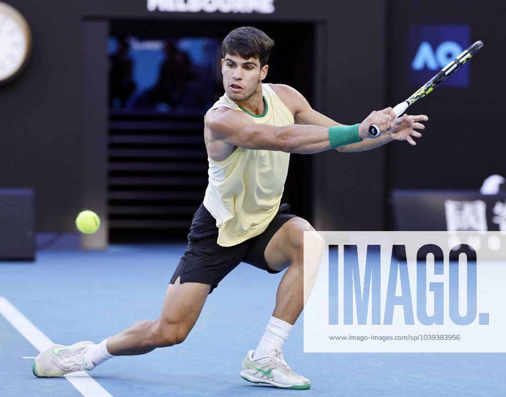 Tennis: Australian Open Carlos Alcaraz of Spain plays against Miomir Kecmanovic of Serbia in a men s single fourth-round match at the Australian Open tennis tournament in Melbourne on Jan. 22, 2024. A14AA0002365746P