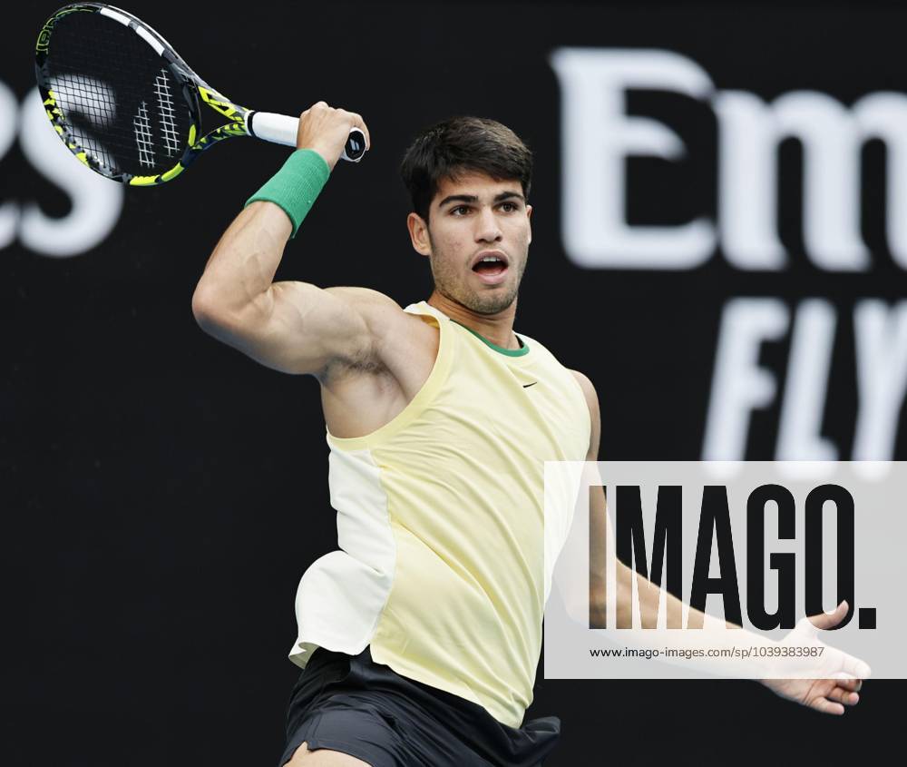 Tennis: Australian Open Carlos Alcaraz of Spain plays against Miomir Kecmanovic of Serbia in a men s single fourth-round match at the Australian Open tennis tournament in Melbourne on Jan. 22, 2024. A14AA0002365745P