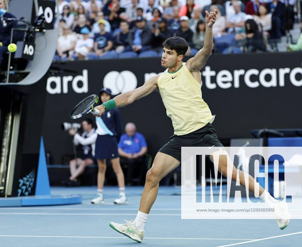 Tennis: Australian Open Carlos Alcaraz of Spain plays against Miomir Kecmanovic of Serbia in a men s single fourth-round match at the Australian Open tennis tournament in Melbourne on Jan. 22, 2024. A14AA0002365783P