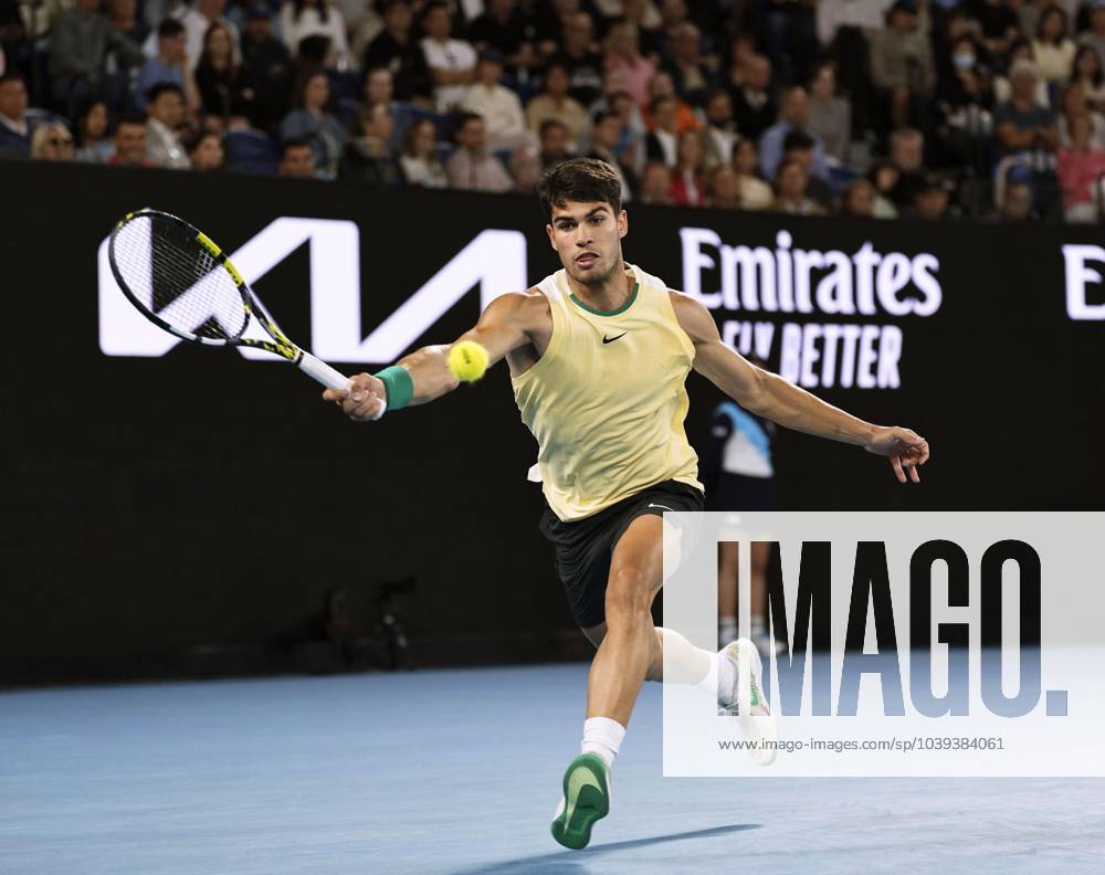 Tennis: Australian Open Carlos Alcaraz of Spain plays against Miomir Kecmanovic of Serbia in a men s single fourth-round match at the Australian Open tennis tournament in Melbourne on Jan. 22, 2024. A14AA0002365790P