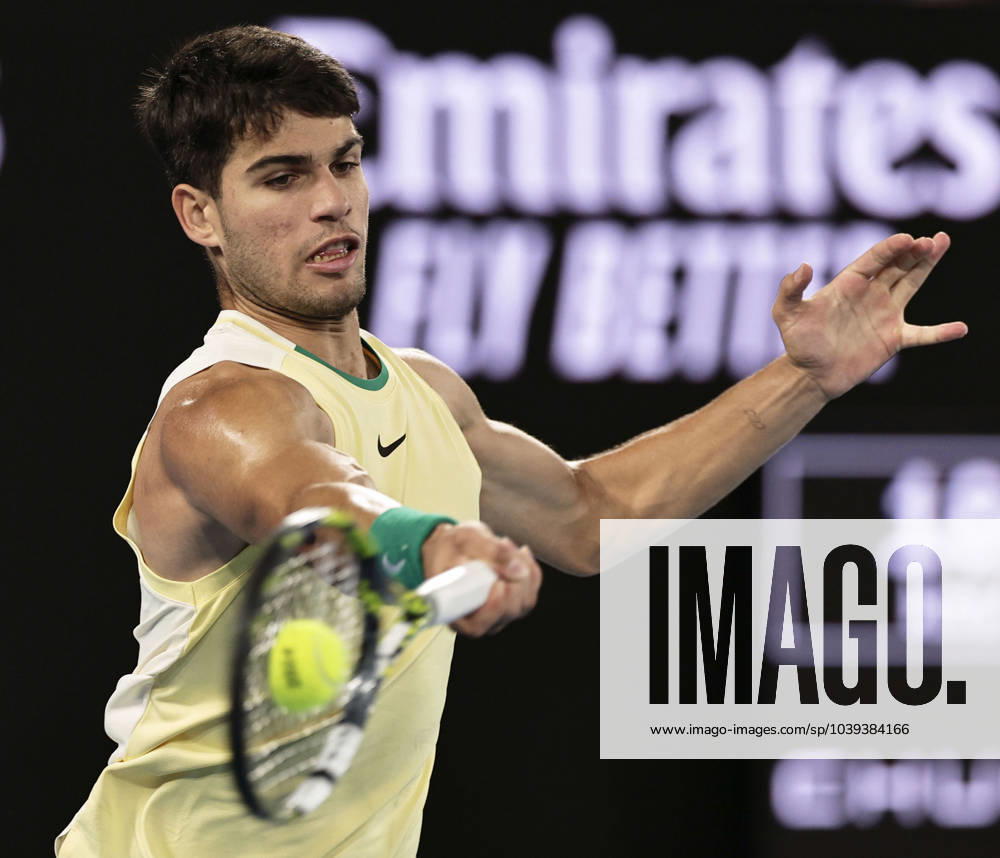 Tennis: Australian Open Carlos Alcaraz of Spain plays against Miomir Kecmanovic of Serbia in a men s single fourth-round match at the Australian Open tennis tournament in Melbourne on Jan. 22, 2024. A14AA0002365803P