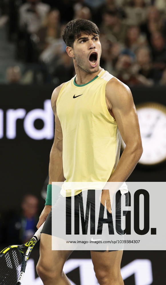 Tennis: Australian Open Carlos Alcaraz of Spain reacts after defeating Miomir Kecmanovic of Serbia in a men s single fourth-round match at the Australian Open tennis tournament in Melbourne on Jan. 22, 2024. A14AA0002365804P