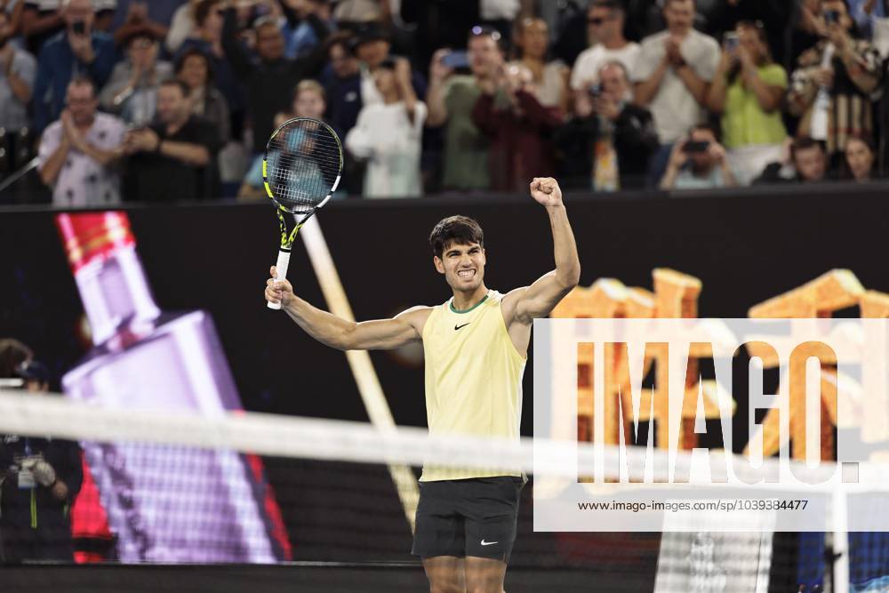 Tennis: Australian Open Carlos Alcaraz of Spain reacts after defeating Miomir Kecmanovic of Serbia in a men s single fourth-round match at the Australian Open tennis tournament in Melbourne on Jan. 22, 2024. A14AA0002365834P