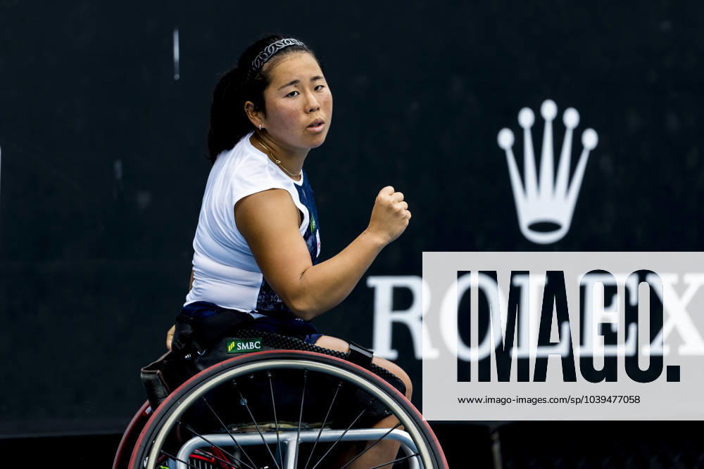 MELBOURNE, VIC - JANUARY 25: Yui Kamiji of Japan celebrates during the semifinals of the wheelchair event in the 2024 Australian Open on January 25 2024, at Melbourne Park in Melbourne, Australia. (Photo by Jason Heidrich Icon Sportswire) TENNIS: JAN 25 Australian Open Icon240125028