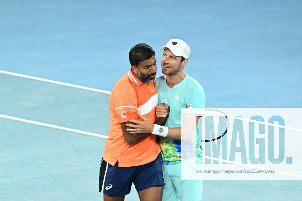 TENNIS AUSTRALIAN OPEN, Matthew Ebden (right) of Australia and Rohan Bopanna of India celebrate their Men?s Doubles semifnal win against Tomas Machac of Czech Republic and Zhizhen Zhang of China on Day 12 of the 2024 Australian Open at Melbourne Park in Melbourne, Thursday, January 25, 2024. ( NO ARCHIVING, , NO USE IN BOOKS WITHOUT CONSENT MELBOURNE VICTORIA AUSTRALIA
