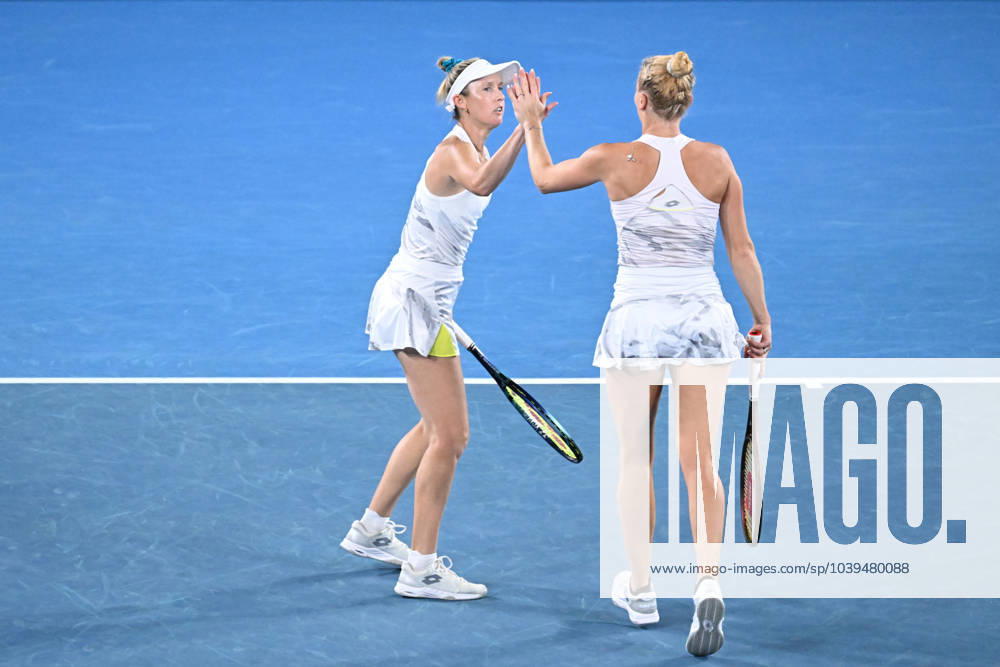 TENNIS AUSTRALIAN OPEN, Storm Hunter (left) of Australia and Katerina Siniakova of Czech Republic during their Women?s Doubles semifinal against Su-Wei Hsieh of Chinese Taipei and Elise Mertens of Belgium on Day 12 of the 2024 Australian Open at Melbourne Park in Melbourne, Thursday, January 25, 2024. ( NO ARCHIVING, , NO USE IN BOOKS WITHOUT CONSENT MELBOURNE VICTORIA AUSTRALIA