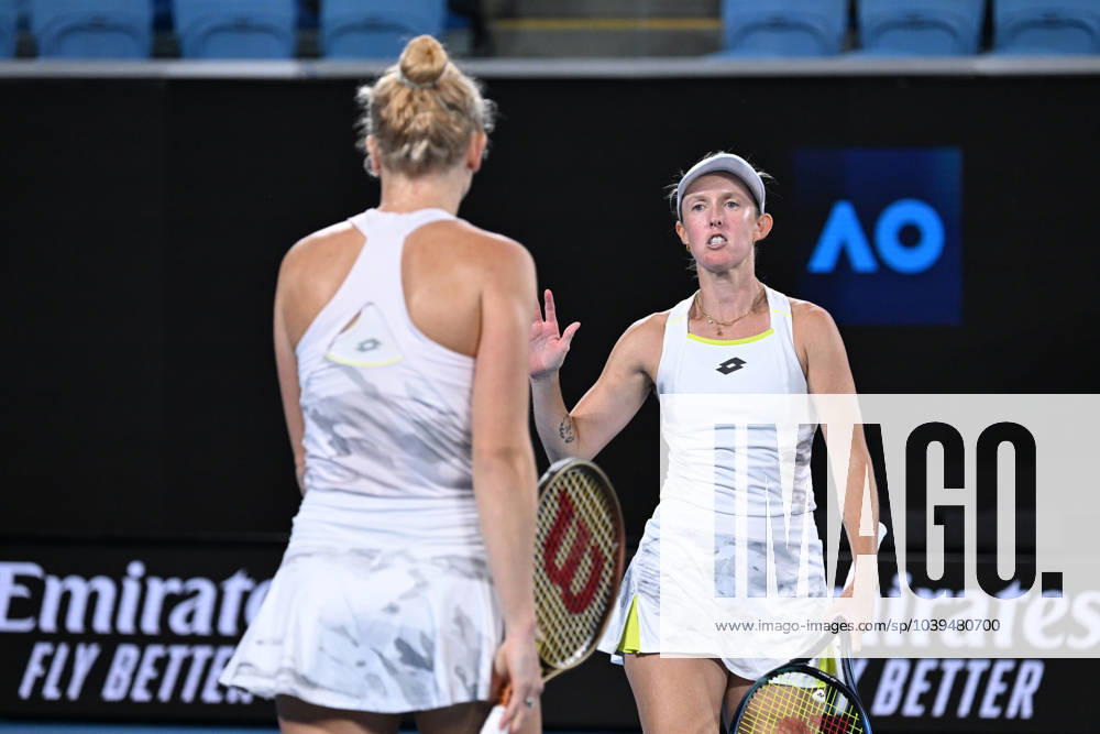 TENNIS AUSTRALIAN OPEN, Storm Hunter (right) of Australia and Katerina Siniakova of Czech Republic in action during their Women?s Doubles semifinal against Su-Wei Hsieh of Chinese Taipei and Elise Mertens of Belgium on Day 12 of the 2024 Australian Open at Melbourne Park in Melbourne, Thursday, January 25, 2024. ( NO ARCHIVING, , NO USE IN BOOKS WITHOUT CONSENT MELBOURNE VICTORIA AUSTRALIA