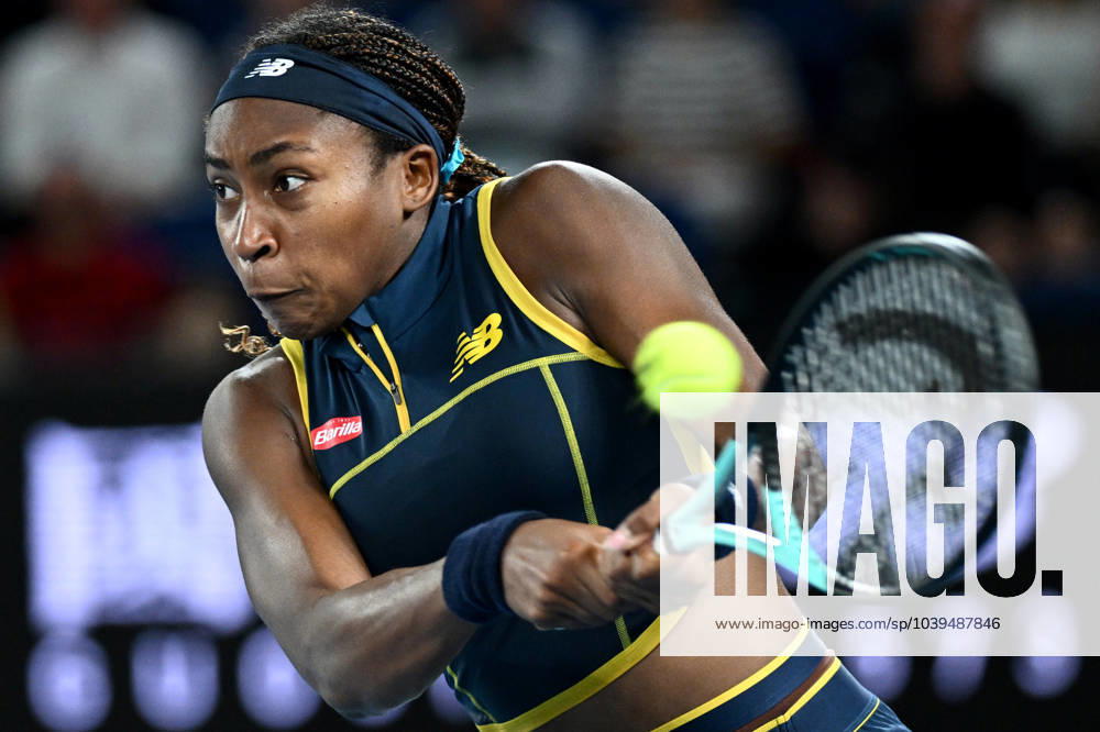 TENNIS AUSTRALIAN OPEN, Coco Gauff of the USA in action during her Women?s Singles semifinal against Aryna Sabalenka of Belarus on Day 12 of the 2024 Australian Open at Melbourne Park in Melbourne, Thursday, January 25, 2024. ( NO ARCHIVING, , NO USE IN BOOKS WITHOUT CONSENT MELBOURNE VICTORIA AUSTRALIA