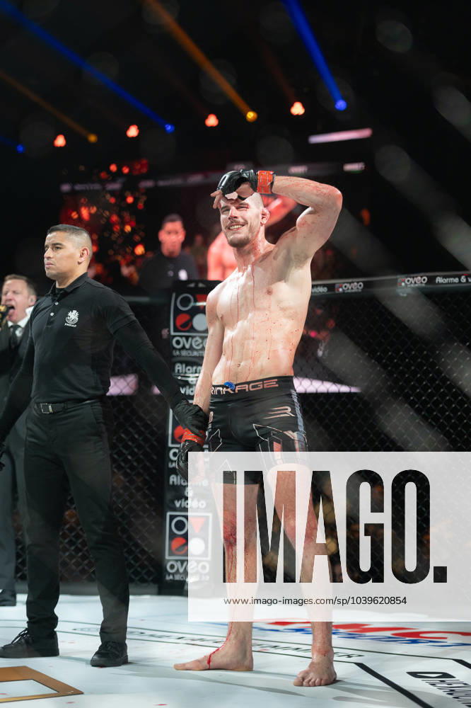 Theo ULRICH (black trunk) won his fight against Remi BOURGEOIS (blue trunk) during the Hexagone MMA 13 by TKO paris zenith france