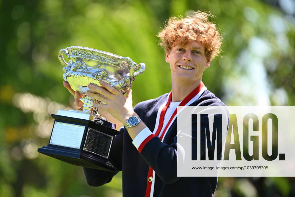KW05 TENNIS AO WINNER PORTRAIT, Jannik Sinner of Italy poses for a photograph with the Norman Brookes Challenge Cup following his win over Daniil Medvedev of Russia in the Men?s Singles Final at the 2024 Australian Open tennis tournament in Melbourne, Monday, January 29, 2024. ( NO ARCHIVING, , NO USE IN BOOKS WITHOUT CONSENT MELBOURNE VICTORIA AUSTRALIA