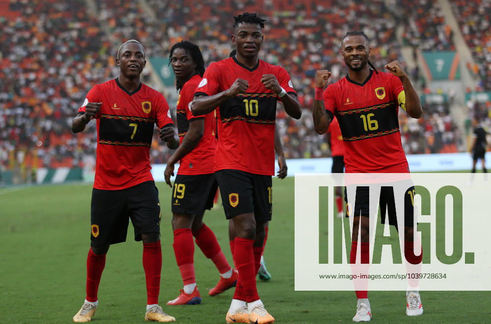 Huitiemes-de-Finale-Angola vs Namibie (CAN 2024) joueur angolais JACINTO MUONDO DALA (C), reagit apres avoir marque un But contre Namibie, lors du match de football huitiemes-de-Finale Coupe d Afrique des Nations (CAN) 2024 entre L Angola et Namibie au Stade de la Paix a Bouake en Cote d ivoire le 27 janvier 2024 Bouake Cote d Ivoire