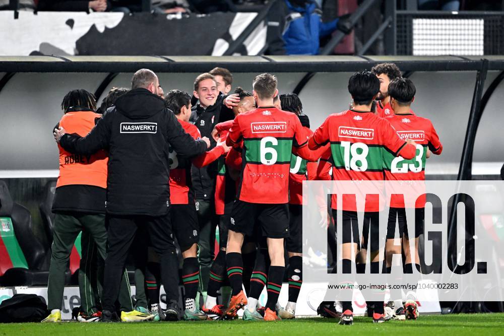 NIJMEGEN - Tjaronn Chery of NEC Nijmegen celebrates the 3-1 during the Dutch Eredivisie match between NEC Nijmegen and Heracles Almelo in De Goffert on February 3, 2024 in Nijmegen, Netherlands. ANP Dutch Eredivisie 2023 2024 ANPxSportx IVx 490144622 originalFilename: 490144622