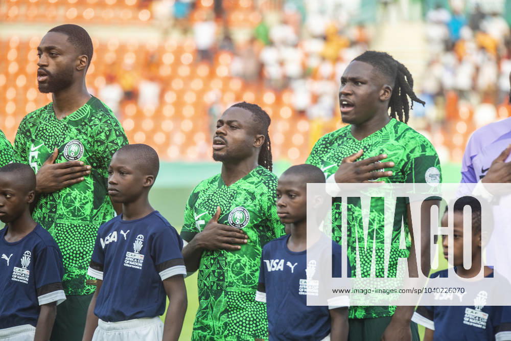 Nigeria players, Semilore Ajayi, Moses Simon and Calvin Bassey during the National Anthem of the semi-final game between Nigeria vs South Africa at the 2023 AFCON in Cote D Ivoire. Photo by Adeniyi Muyiwa Buoake Buoake Cote D Ivoire