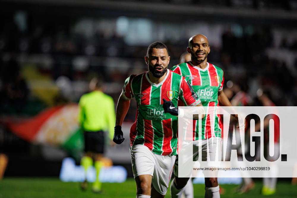 Aloisio celebrates after scoring goal during Liga Portugal 23 24 game between CF Estrela Amadora and Portimonense SC at Estadio Jose Gomes, Amadora, Lisbon, Portugal. (Maciej Rogowski) Lisbon Estadio Jose Gomes Portugal
