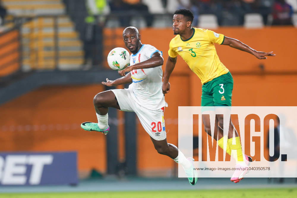 ABIDJAN, COTE D IVOIRE - FEBRUARY 10; Yoane Wissa of Congo Dr and Terrence Mashego of South Africa during the TotalEnergies Caf Africa Cup of Nations (Afcon 2023) Third Place match between South Africa and Congo Dr at Stade Felix Houphouet-Boigny on February 10, 2024 in Abidjan, Cote d Ivore. Photo by Didier Lefa