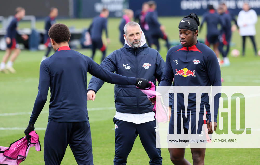 RB Leipzig training Champions League Leipzig, 12 02 2024, RB training center, UEFA Champions League , RB Leipzig final training the day before Leipzig v Real Madrid , In the picture from l Yannik Eduardo 46, RB Leipzig , coach Marco Rose RB Leipzig and El Chadaille Bitshiabu 5, RB Leipzig , Picture Point