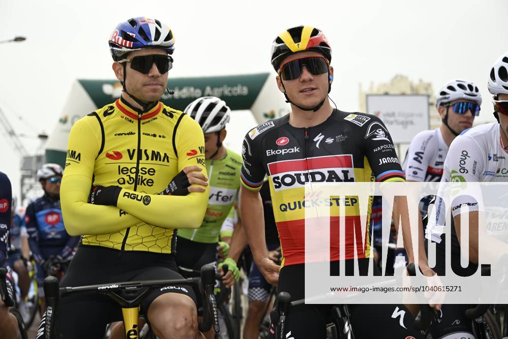 2024 Volta Algarve cycling race - Stage 1 LAGOS, PORTUGAL - FEBRUARY 14 : Evenepoel Remco (BEL) of Soudal - Quick Step talking to Van Aert Wout (BEL) of Team Visma Lease a Bike prior to stage 1 of 50th edition of the Volta Algarve cycling race, with start in Portimao and finish in Lagos on February 14, 2024 in Lagos, Portugal, 14 02 2024 ( Lagos Portugal