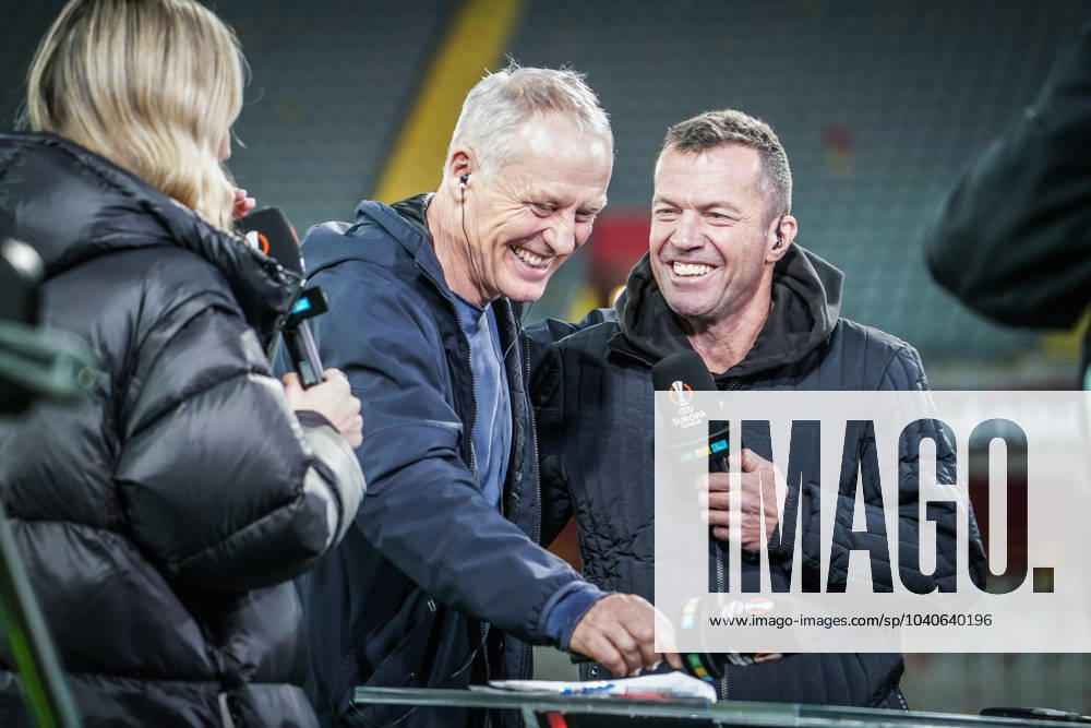 Soccer UEFA Europa League 2023 2024, knockout rounds play offs, RC Lens SC Freiburg, Bollaert Delelis Stadium Lens TV football expert Lothar Matthäus with Freiburg coach Christian Streich Lens Bollaert Delelis Stadium France