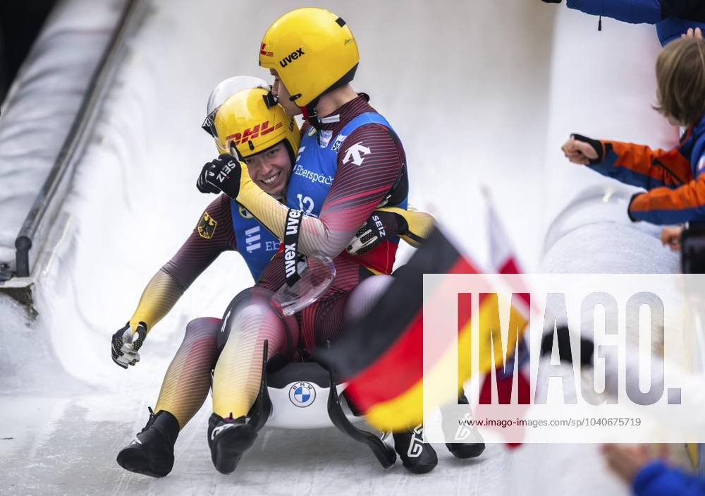 EBERSPÄCHER LUGE WORLD CUP 2023 2024 17 02 2024 Oberhof EBERSPÄCHER Luge World Cup 2023 2024 Luge track Oberhof doubles women in photo Dajana Eitberger Saskia Schirmer 12 GER cheering at the finish line Germany Thuringia Oberhof Copyright SaschaxFromm