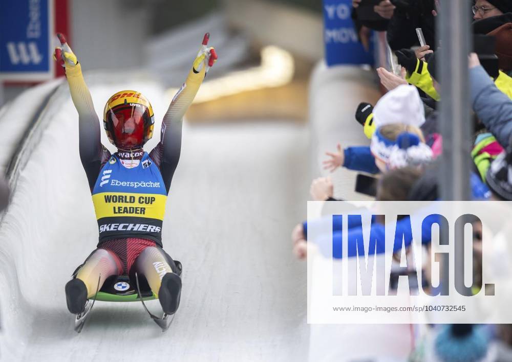 EBERSPÄCHER LUGE WORLD CUP 2023 2024 18 02 2024 Oberhof EBERSPÄCHER Luge World Cup 2023 2024 Luge track Oberhof women, single in photo Julia Taubitz 14 GER cheers at the finish line Germany Thuringia Oberhof Copyright SaschaxFromm
