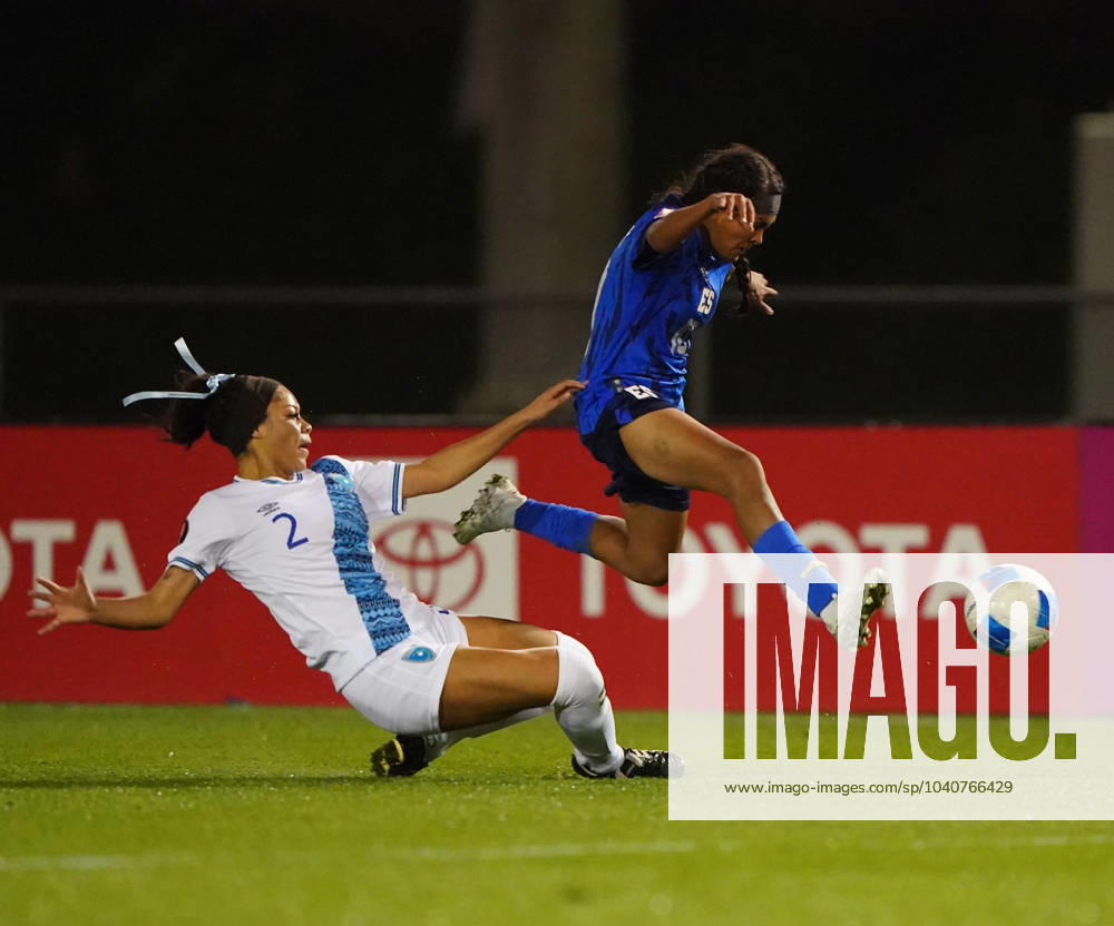 El Salvador forward BRENDA CEREN (10) jumps over the slide tackle from Guatemala midfielder BRIANA PRECIOUS (2) during the second half at Dignity Health Sports Park. Carson USA - ZUMAm260 20240213_zsp_m260_050