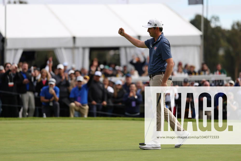 J.T. Poston celebrates after making a long putt on the 18th green during the final round of The Genesis Invitational at Riviera Country Club in Pacific Palisades, California. Pacific Palisades USA - ZUMAt158 20240218_zsp_t158_068