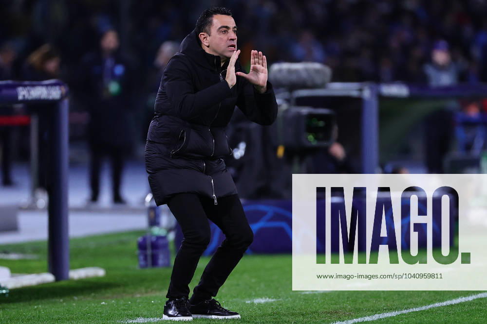 Xavi Hernandez head coach of FC Barcelona, Barca reacts during the Champions League football match between SSC Napoli and FC Barcelona at Diego Armando Maradona stadium in Naples (Italy), February 21st, 2024. cesarexpurini