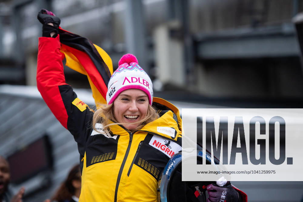 Laura Nolte Germany becomes world champion and celebrates victory and title defense on the podium at the Flower Ceremony, GER, IBSF BMW Bobsleigh World Championship Winterberg, Final Monobob Women, 25 02 2024 GER, IBSF BMW Bobsleigh World Championship Winterberg, Final Monobob Women, 25 02 2024 Winterberg