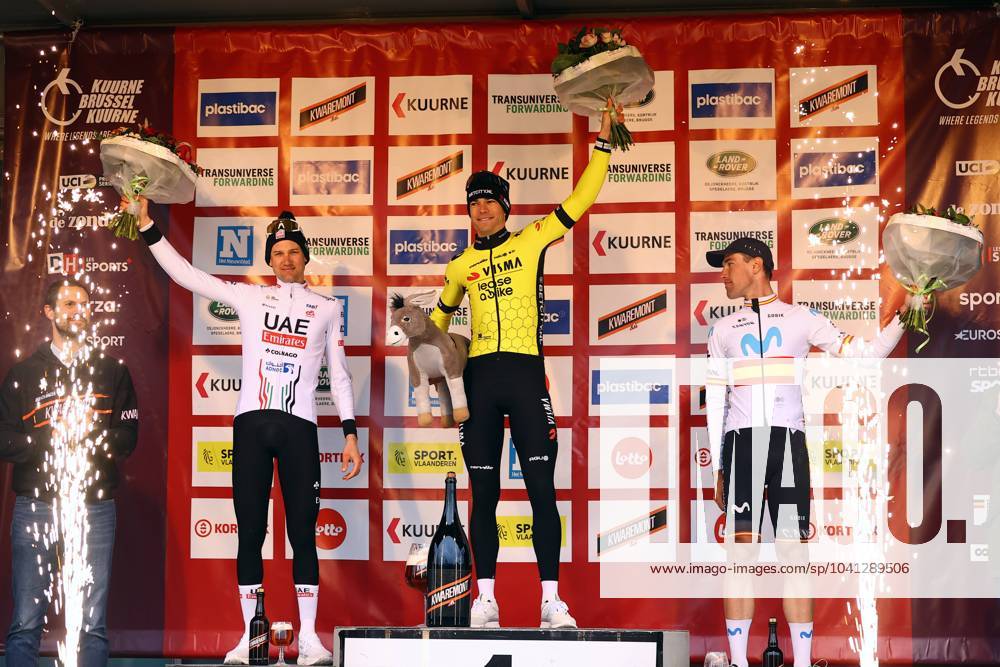 KW08 Belgian Tim Wellens of UAE Team Emirates, Belgian Wout van Aert of Team Visma-Lease a Bike and Spanish Oier Lazkano of Movistar Team celebrate on the podium after winning the Kuurne-Brussels-Kuurne one day cycling race, 196,4 km from Kuurne to Kuurne via Brussels, Sunday 25 February 2024. DAVIDxPINTENS x86980384x