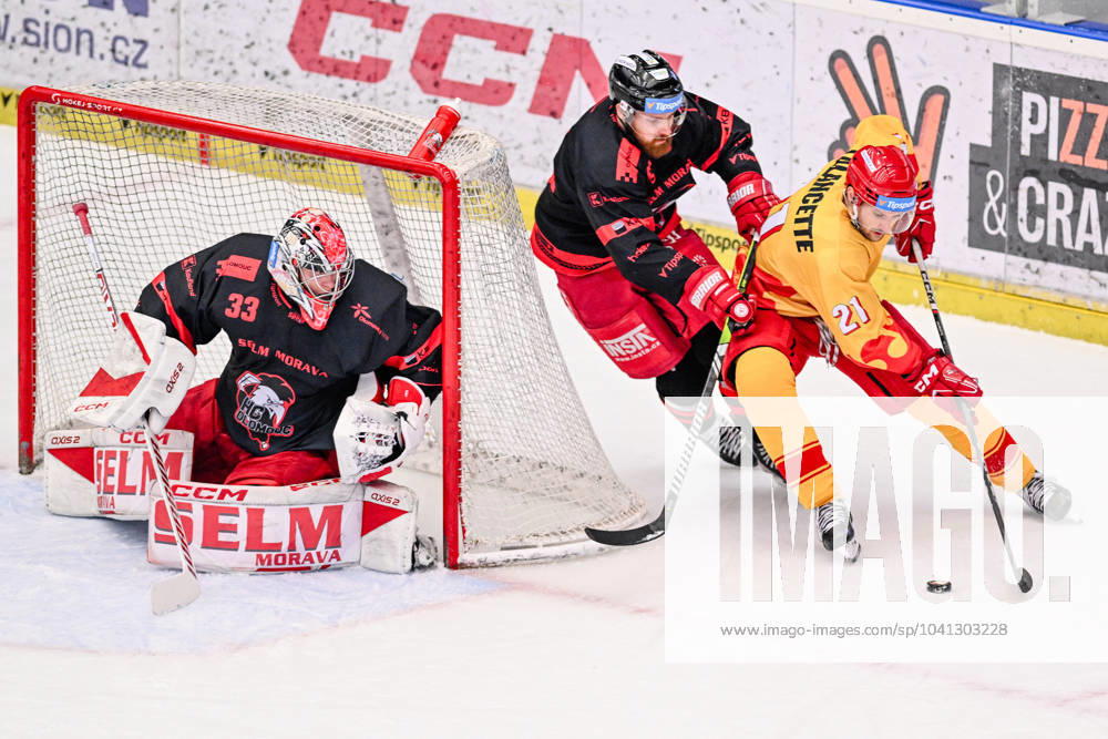 Utkani 49. kola hokejove extraligy: Mountfield Hradec Kralove - HC Olomouc, 25. unora 2024, Hradec Kralove. Zleva brankar Jakub Sedlacek z Olomouce, Pavel Musil z Olomouce a Christophe Lalancette z Hradce Kralove. (CTKxPhoto DavidxTanecek) CTKPhotoP2024022505984 CTKPhotoP2024022505984