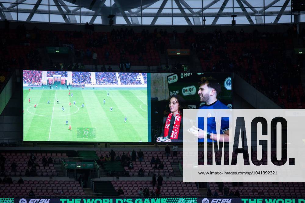 EA Sports Half Time Activation where 2 influencers will play a 3-minute game of FIFA pitch side and shown on the IBS. Chelsea v Liverpool, EFL Carabao Cup Final, Football, Wembley Stadium, London, UK - 25 Feb 2024