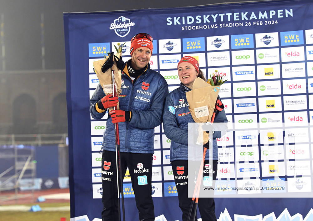 STOCKHOLM, SWEDEN 20240226 Philipp Nawrath and Janina Hettich Walz, of Germany, took second place in Mondays biathlon competition in the singles mix at the Biathlon Championships at Stockholm Stadium STOCKHOLM SWEDEN