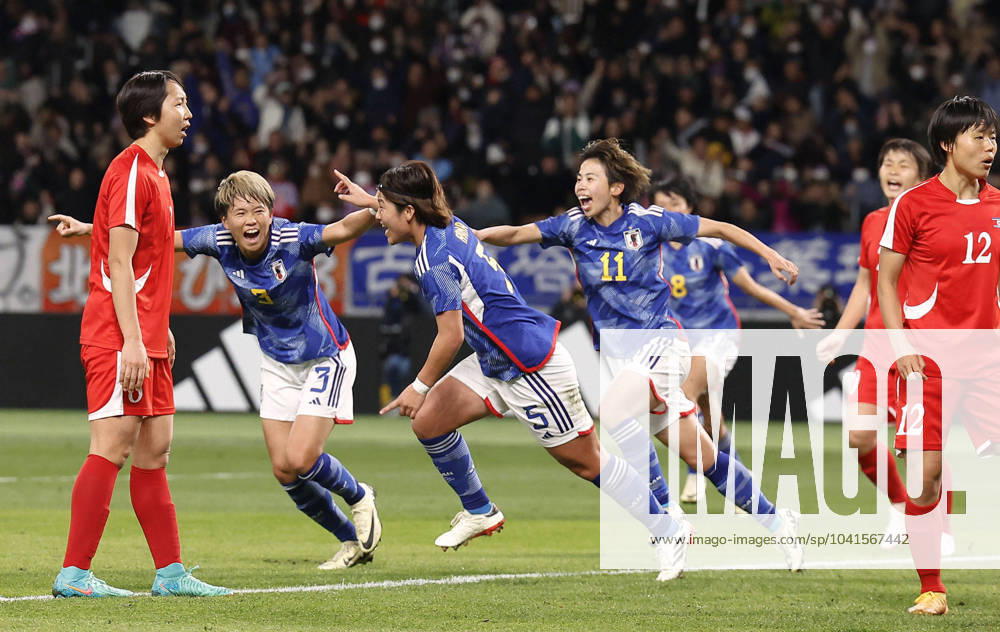 KW09 Football: Olympic women s qualifier Hana Takahashi (5) of Japan celebrates with teammates after scoring a goal in the first half of a Paris Olympic women s football qualifying game against North Korea at the National Stadium in Tokyo on Feb. 28, 2024. A14AA0002532774P