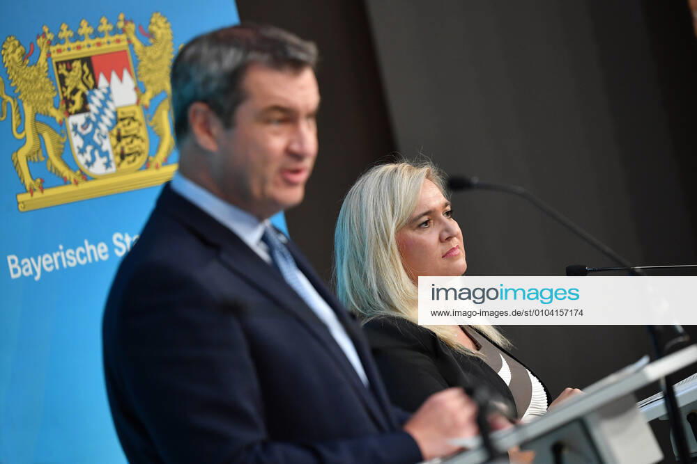 V l. Markus SOEDER State Premier of Bavaria and CSU Chairman Melanie HUML Health Minister of Bavaria , Press Conference of the Bavarian Government on the Coronavirus Pandemic at Prince Carl Palais in Munich on 08 09 2020