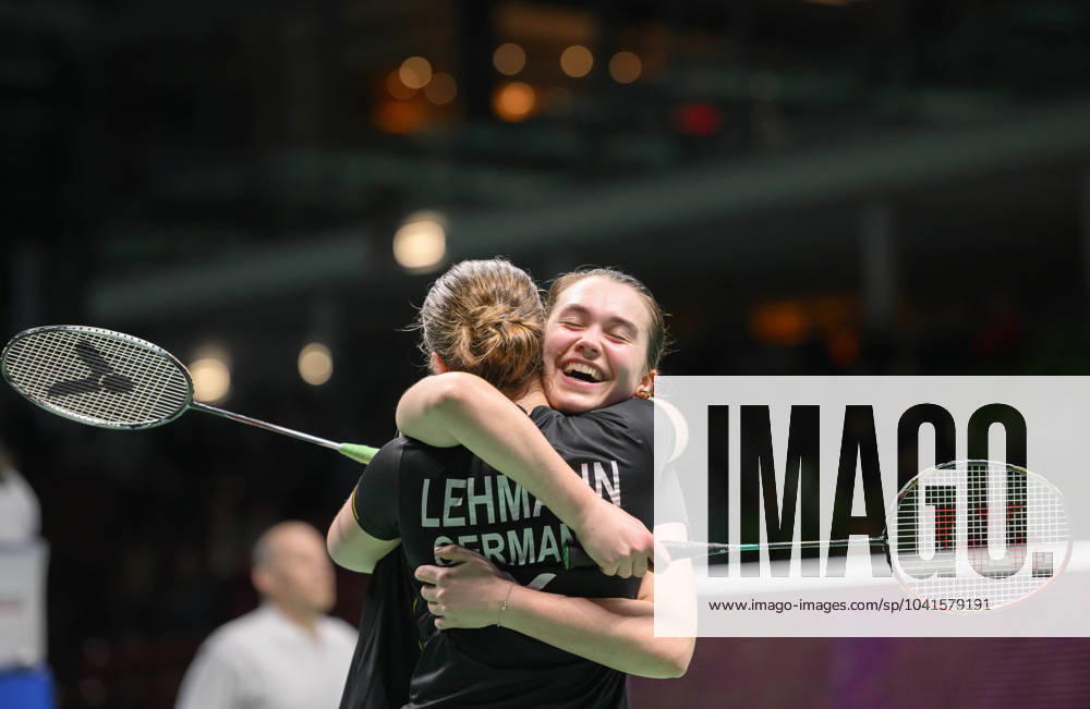Cheering Amelie LEHMANN l Cara SIEBRECHT GER after the victory Amelie LEHMANN Cara SIEBRECHT GER vs Rutaparna PANDA Swetaparna PANDA IND 21 17, 10 21, 21 14, Womens Doubles, 1 Round, WD Round 1, on 28 02 2024 Badminton Yonex German Open 2024 from 27 02 03 03 2024 in Muelheim an der Ruhr Germany Â