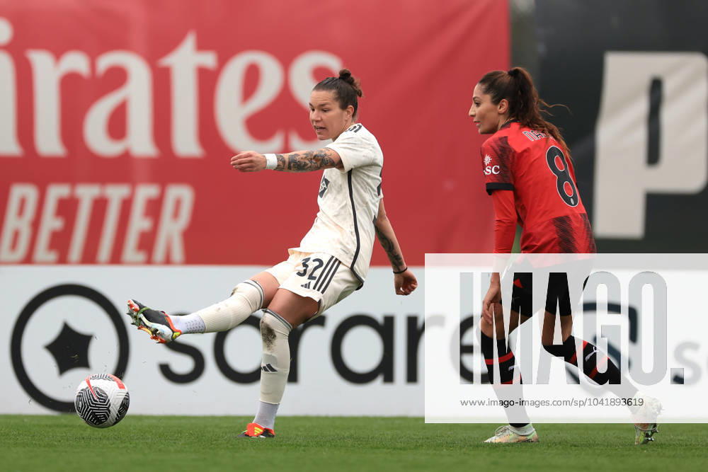 Milan, Italy, 3rd March 2024. Nadia Nadim of AC Milan looks on as Elena Linari of AS Roma passes the ball back to her goalkeeper Camelia Ceasar during the Coppa Italia Femminile Semi-Final - 1st Leg - match at Vismara PUMA House of Football, Milan. Picture credit should read: Jonathan Moscrop Sportimage . SPI-2985-0040