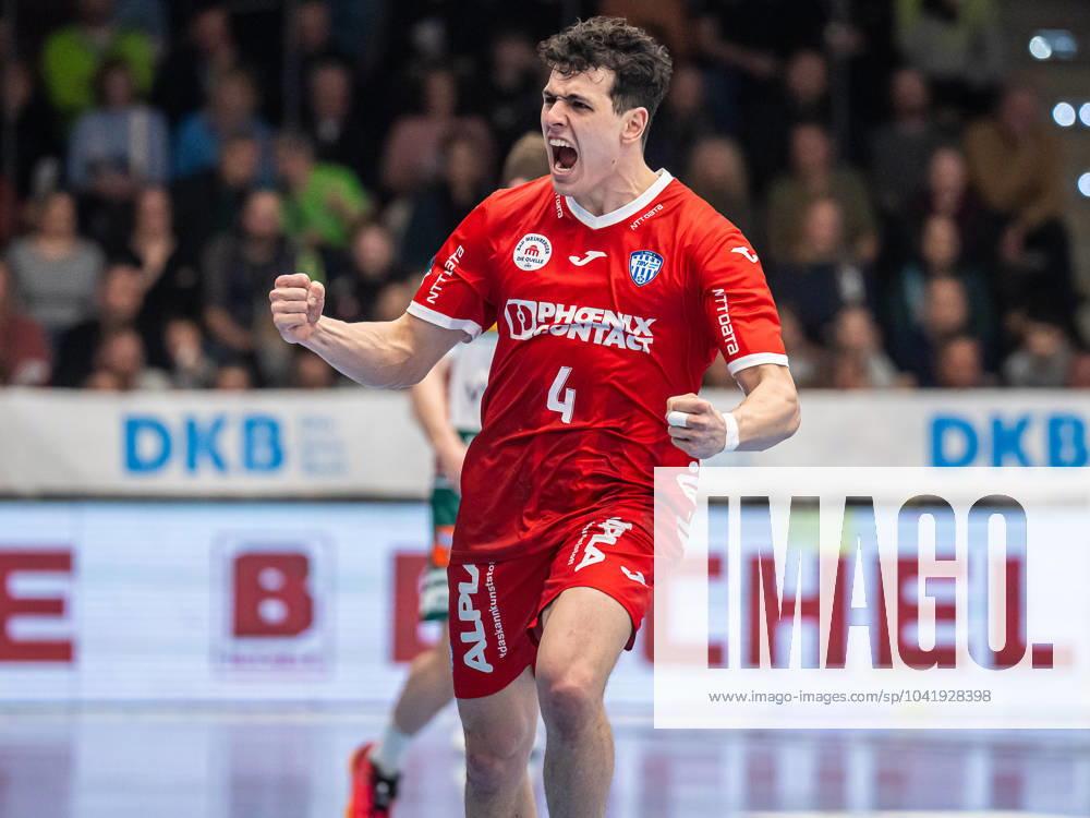 Samuel Zehnder TBV Lemgo Lippe, 04 cheers after a goal, Frisch Auf Goeppingen vs TBV Lemgo Lippe, 1 Bundesliga, Handball, Men, 04 03 2024 Frisch Auf Goeppingen vs TBV Lemgo Lippe, 1 Bundesliga, Handball, Men, 04 03 2024 Goeppingen