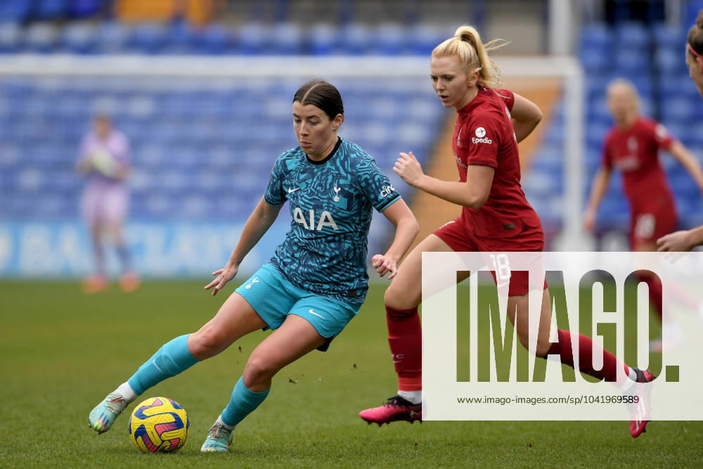 Liverpool FC Women v Tottenham Hotspur Women - The FA Women s Super League - Prenton Park March 12, 2023, Birkenhead: Birkenhead, England, 12th March 2023. Angharad James of Tottenham Hotspur and Ceri Holland of Liverpool compete for the ball during the The FA Women s Super League match at Prenton Park, Birkenhead. Birkenhead