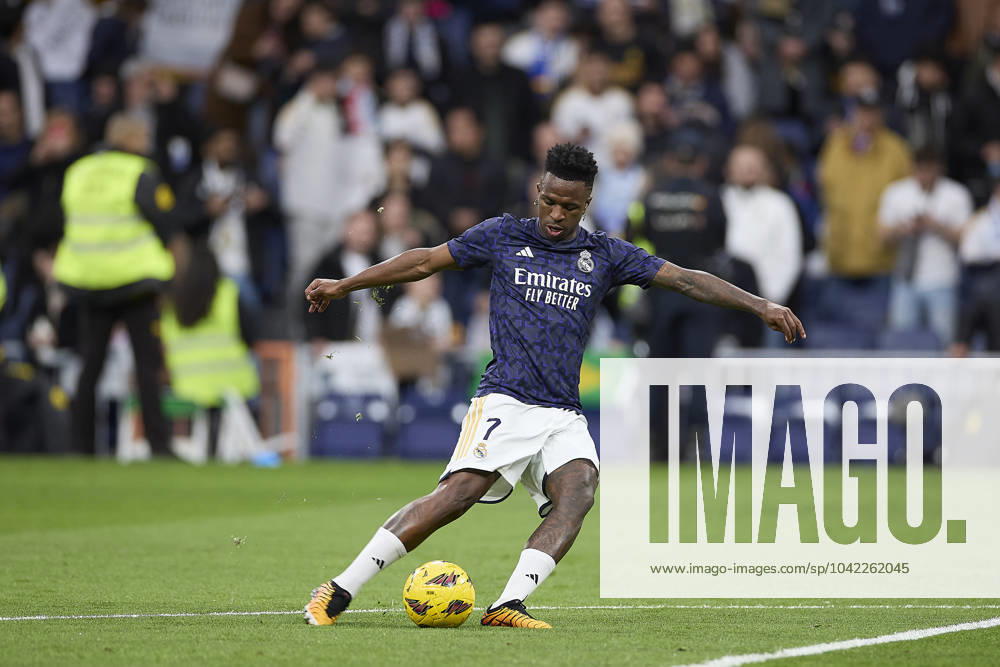 Vinicius Junior of Real Madrid CF warms up during the La Liga week 28 football match between Real Madrid CF and RC Celta de Vigo at Santiago Bernabeu Stadium. Final score: Real Madrid CF-RC Celta de Vigo 4-0 Madrid Spain - ZUMAs197 20240310_aaa_s197_567