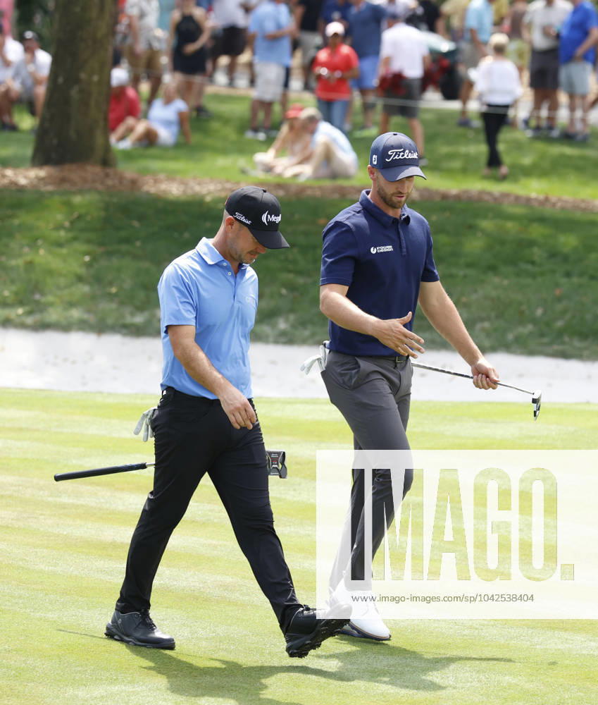 PONTE VEDRA BEACH, FL - MARCH 15: PGA, Golf Herren golfer Wyndham Clark and Brian Harman walk the 9th hole during The Players Championship on March 15, 2024, at TPC Sawgrass in Ponte Vedra Beach, Florida. (Photo by Brian Spurlock Icon Sportswire) GOLF: MAR 15 PGA THE PLAYERS Championship Icon2403158