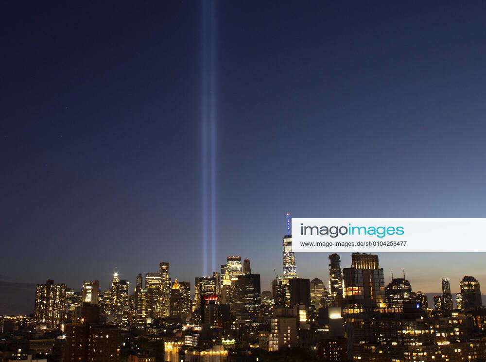 The Twin Towers Tribute In Light art installation shines in Lower Manhattan near One World Trade Center on the 19th anniversary of the 9 11 terrorist attacks on the World Trade Center at Ground Zero in New York City on Friday, September 11, 2020. NYP20200911139 JOHNxANGELILLO