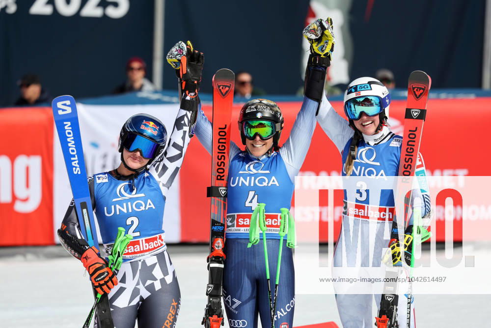 KW11 ALPINE SKIING - FIS WC Final Saalbach SAALBACH,AUSTRIA,17.MAR.24 - ALPINE SKIING - FIS World Cup Final, giant slalom, ladies. Image shows the rejoicing of Alice Robinson (NZL), Federica Brignone (ITA) and Thea Louise Stjernesund (NOR). GEPAxpictures xWolfgangxGrebien