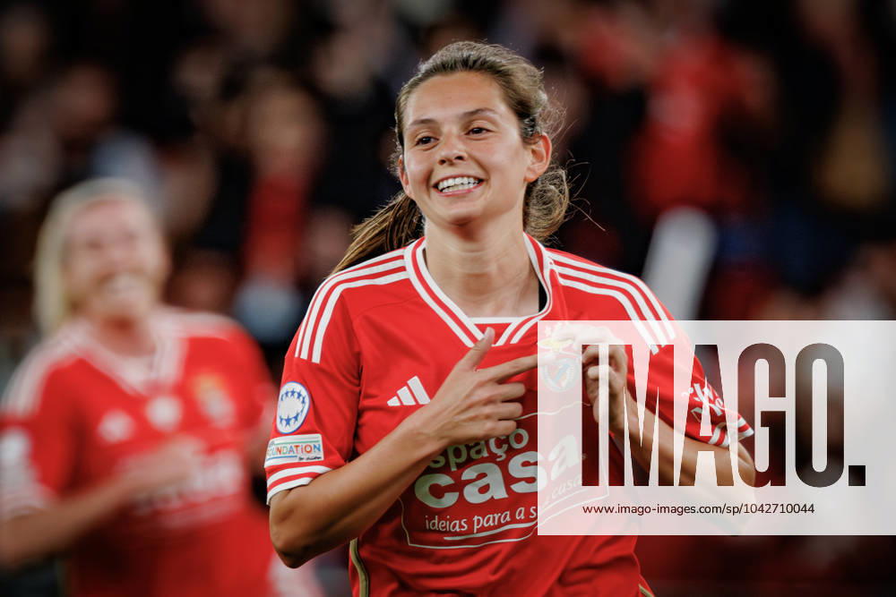 Andreia Faria celebrates after scoring goal during UEFA Women Champions League 23 24 game between SL Benfica and Olympique Lyonnaise at Estadio Da Luz, Lisbon, Portugal. (Maciej Rogowski) Lisbon Estadio Da Luz Portugal