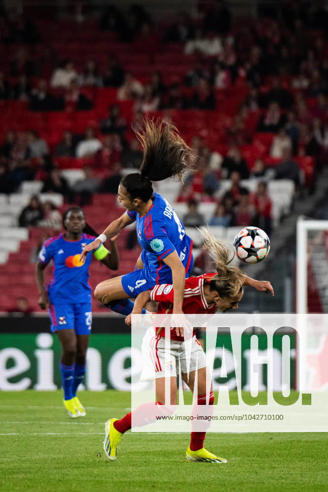 Lisbon, Portugal, March 19 2024: Selma Bacha (4 Olympique Lyonnais) and Lucia Alves (13 SL Benfica) in action during the UEFA Womens Champions League game between SL Benfica and Olympique Lyonnais at Estadio do Lisboa e Benfica in Lisbon, Portugal. (Pedro Porru SPP)